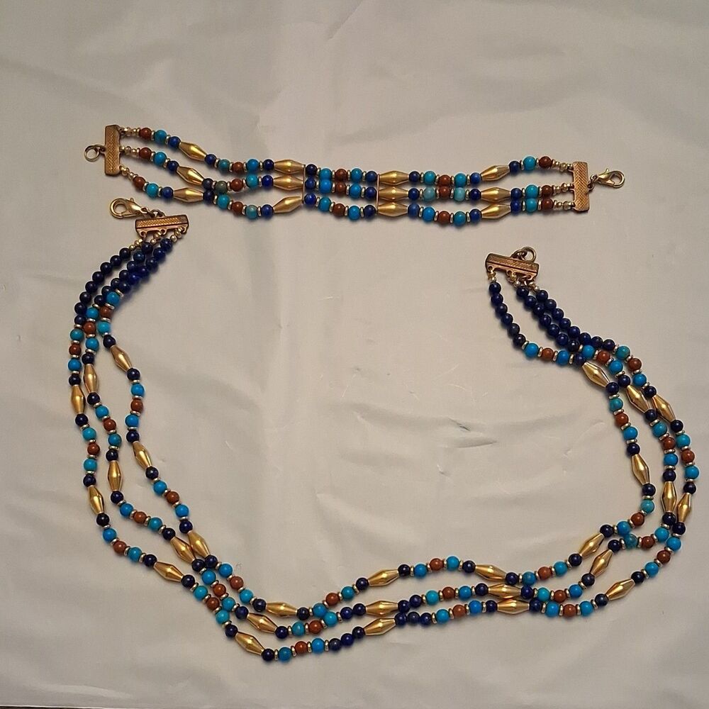 Blue Gold Brown Beaded Necklace Bracelet Set Gold Tone Fashion Jewelry